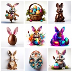 Poster - A grid of nine images showcases Easter themes. Bunnies, chocolate bunnies, and decorated Easter eggs are depicted in various styles and arrangements against white backgrounds.