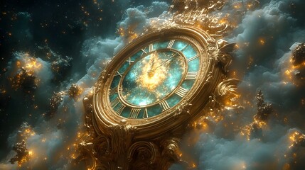 Aufkleber - Ornate antique style celestial timepiece with intricate bronze and gold gears and mechanisms floating against a backdrop of glowing cloudy nebulae and swirling cosmic phenomena in a dreamlike