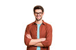 © deagreez - Close-up portrait of his he nice attractive content successful cheerful cheery brown-haired guy professional financier expert shark folded arms isolated over beige color pastel background