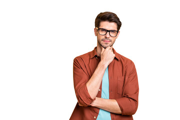 Aufkleber - Close-up portrait of his he nice attractive content successful calm serious focused brown-haired guy professional expert thinking touching chin isolated over beige color pastel background