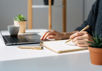 Poster - Woman taking notes in notebook while using laptop, working or studying from home, cozy workspace with plants