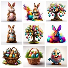 Poster - Collage of nine Easter themed images featuring bunnies with eggs, trees adorned with eggs, baskets of colorful eggs, and a playful egg character.
