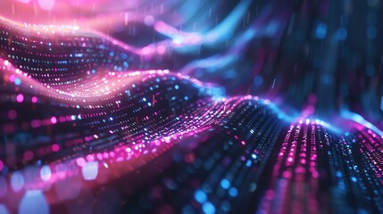 Poster - A digital rendering of glowing blue and pink lights forming a wavy pattern.