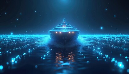 Fototapete - Futuristic digital ship sails in virtual reality sea. Cyber ship glides on glowing waves at night. Tech maritime innovation background. Hologram datum stream nautical light concept in aglow earth