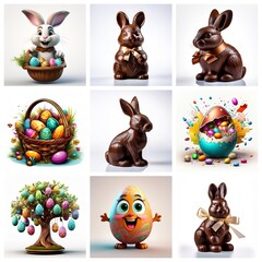Poster - Nine-image grid displays Easter themes, including bunnies, chocolate bunnies, decorated eggs, and a basket filled with colorful eggs.