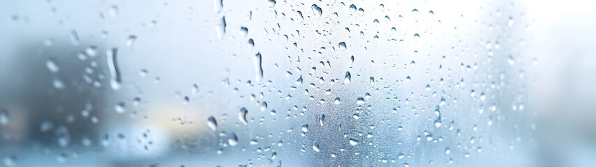 Poster - Raindrop covered window casting a peaceful atmospheric mood with a blurred minimalist background  The water droplets create a dreamy contemplative and serene ambiance