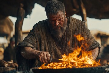 Poster - Skilled craftsman forges metal in a bustling ancient marketplace during the daylight hours