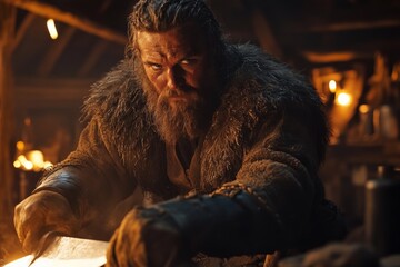 Aufkleber - Intense blacksmith working in a rustic forge during the medieval period, showcasing craftsmanship and determination