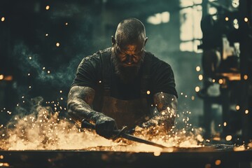 Aufkleber - Blacksmith creating metalwork in an industrial workshop surrounded by sparks and smoke