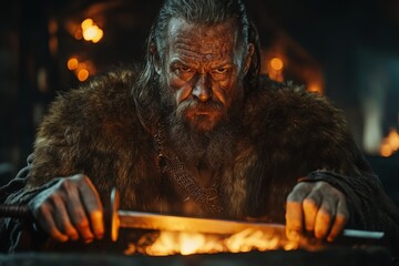 Aufkleber - Skilled blacksmith forging a sword in a dimly lit workshop filled with glowing embers and tools