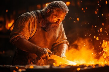 Aufkleber - Skilled blacksmith forging a blade in a roaring forge during night hours