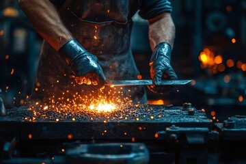 Aufkleber - Blacksmith creating a custom knife in a traditional forge with glowing embers and flying sparks in the workshop
