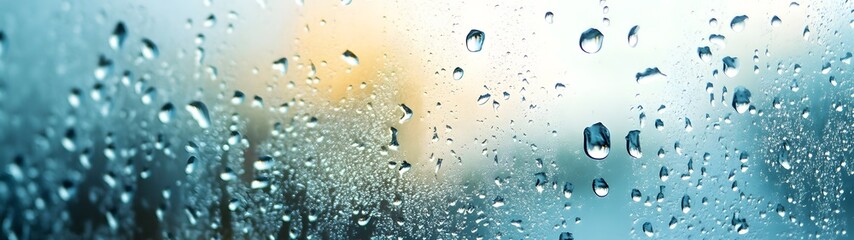 Fototapete - Rainy day view through a wet window with blurry abstract texture and reflection of the outdoor cityscape landscape or environment  Moody atmospheric and contemplative mood with gloomy
