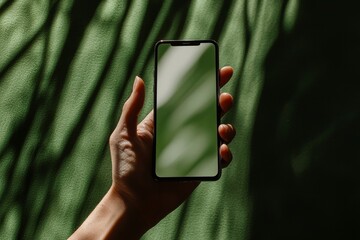Poster - A smartphone is being held by a hand in isolation on a green backdrop
