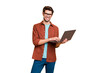 © deagreez - Portrait of his he nice attractive cheerful cheery successful content smart clever brunet guy agent broker holding in hands laptop working isolated over beige color pastel background