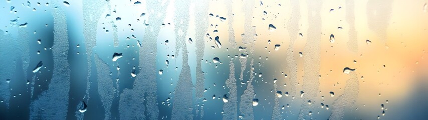 Fototapete - Rainy window glass with transparent water droplets reflecting the blurred out of focus outdoor scenery in a muted moody and contemplative atmosphere  The image evokes a sense of solitude isolation