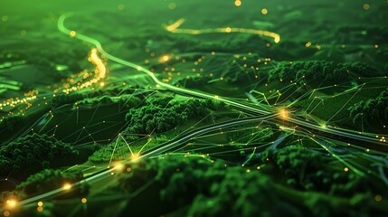 Aufkleber - A futuristic rendering of a road network with glowing lines overlayed on a green landscape.