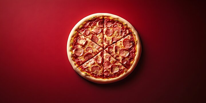 A pizza emoji isolated on a deep red background.
