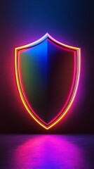 Poster - Neon shield with vibrant colors reflecting on dark surface. Futuristic digital security concept