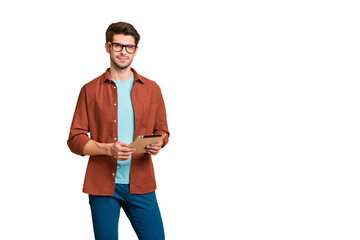 Aufkleber - Portrait of his he nice attractive calm peaceful successful content brunet guy consultant holding in hands digital ebook browsing web isolated over beige color pastel background