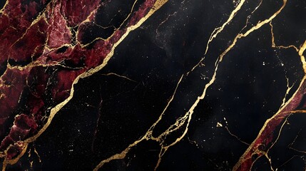 Poster - Striking abstract background with a dramatic composition of deep crimson and vivid gold marble textures featuring intricate cracked fissures and glowing accents that create a bold sophisticated