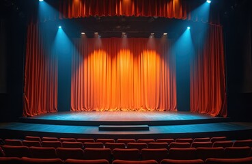 Aufkleber - Theater stage orange velvet curtain backdrop with lights. Empty wood stage illuminated by spotlights. Performance hall with seats rows. Blue light and smoke. Opera, concert or broadway show event.