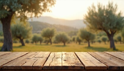 Poster - Empty wooden table for product display with olive trees at rural farm. Rustic plank tabletop with nature view, blur background, morning sunlight. Agriculture template design, copy space for montage.