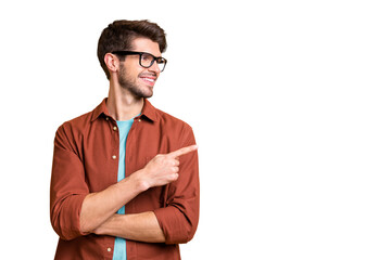 Fototapete - Close-up portrait of his he nice attractive cheerful cheery glad content brunet guy pointing forefinger aside copy space advice advert ad decision isolated over beige color pastel background