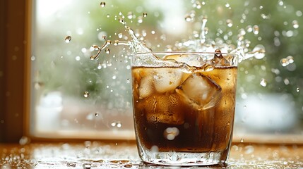 Aufkleber - Splash of a dark drink with ice, in a clear glass, creating water drops. Window background. Refreshing beverage