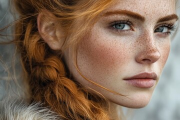 Aufkleber - Captivating close-up portrait of a young woman with freckles and braided red hair in natural light outdoors