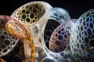 Poster - Abstract bubble cluster; iridescent, intricate, interconnected spheres.