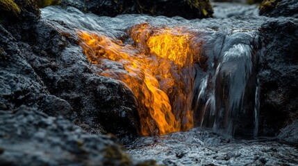 Wall Mural - A stunning fusion of water and fire. The orange glow contrasts beautifully with the tranquil flow of water over the rocks. Nature inspires creativity. Generative AI