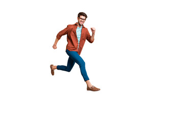 Aufkleber - Full length body size view of nice attractive cheerful cheery strong sportive successful guy leader jumping in air running fast hurry-up meeting appointment isolated over beige color pastel background