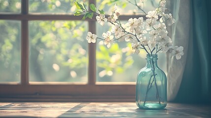 Poster - Spring blossoms in a window, peaceful home decor, sunny day