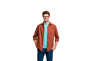 Poster - Portrait of his he nice attractive trendy cheerful cheery experienced brunet guy holding hands in pockets isolated over beige color pastel background