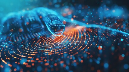 Poster - Abstract 3D rendering of a digital hand touching a glowing fingerprint.