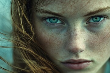 Poster - Captivating close-up of a young woman with striking blue eyes and freckled skin amidst gentle wind