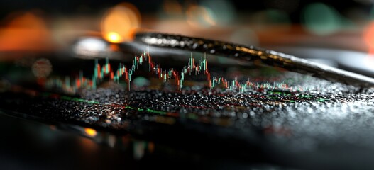 Poster - Rising digital cryptocurrency values are indicated by green candlesticks, which are part of a graphical representation showing volumes and time intervals of past price movements