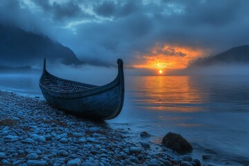 Poster - Beautiful sunset over calm waters with a vintage boat resting on the pebbled shore