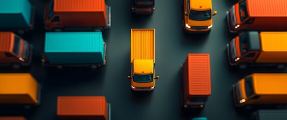 Poster - Aerial birds eye shot of a meticulously orchestrated convoy of delivery vehicles in a streamlined high efficiency logistics facility  Muted tones sharp shadows and high contrast create an avant garde