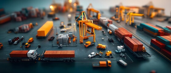 Poster - Aerial drone perspective overlooking the meticulously coordinated of a bustling port terminal featuring a complex network of autonomous gantry cranes self driving cargo trucks