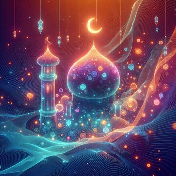 illustration of glowing liquid substance in hologram spectral color palette makes Ramadan card 3d . Generative Art