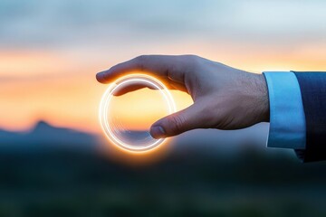 Poster - Hand of businessman touching circle global network connection and data exchanges on sunset background