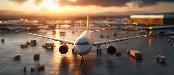 Poster - Aerial establishing shot of a sprawling international cargo airport with a fleet of cargo jets and transport planes moving across the tarmac surrounded by towering cargo hangars and logistics hubs