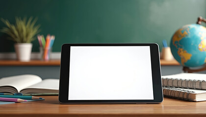 Poster - Digital tablet with blank white screen on classroom desk. Notebooks, pencils, globe, chalkboard, stationery near the modern touchscreen device. Mockup of education e-learning for kids.
