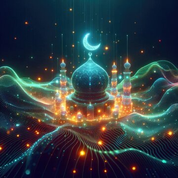 illustration of glowing liquid substance in hologram spectral color palette makes Ramadan card 3d . Generative Art