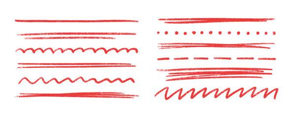 Poster - Red chalk crayon line collection - straight strokes, dotted rows, wavy patterns, zigzag marks with grunge textured surface. Hand drawn underline elements for design emphasis or decorative borders.