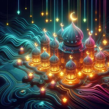 illustration of glowing liquid substance in hologram spectral color palette makes Ramadan card 3d . Generative Art