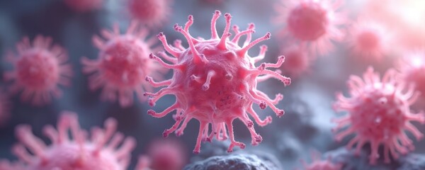 Poster - Close-up detailed 3D model of cancer cells, aggressive growth patterns. Microscopic pink cancer cells for medical research about tumor growth, early treatment, science breakthrough. Visualize disease