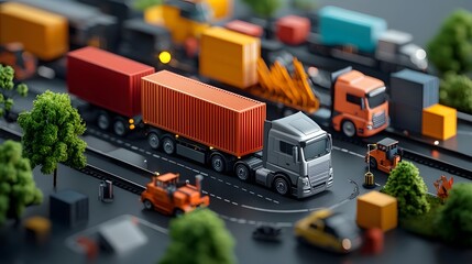 Poster - Aerial panorama showcasing the seamless flow of goods through a modern multimodal logistics hub featuring trucks trains